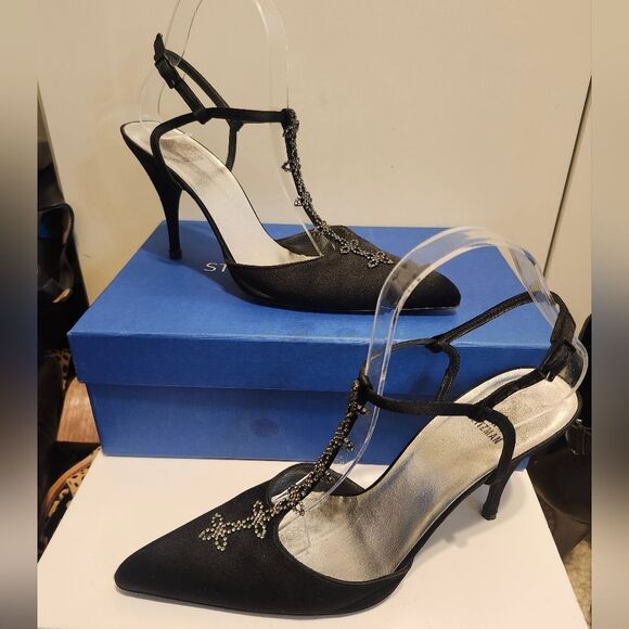 (image for) Stuart Weitzman Black Satin Crystal Rhinestone Jeweled T-strap Pumps Sz.8 $425